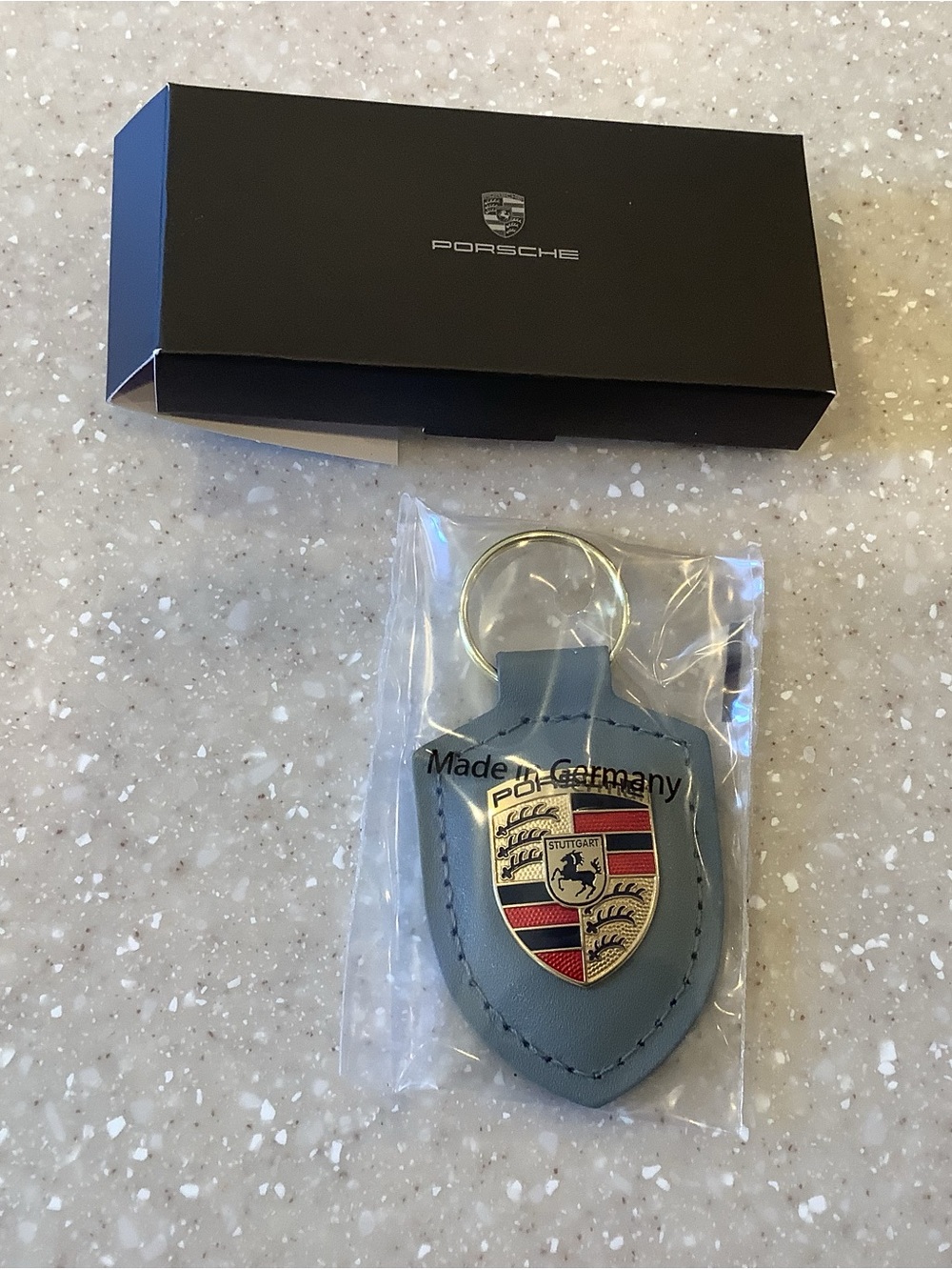 Porsche Design Green (looks blueish) Leather Shield Keyring with Crest Keychain